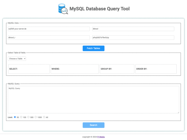 MySQL Database Query Tool interface showing query controls and chart results